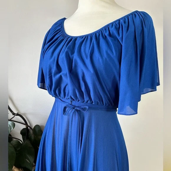 Vintage 70’s Young Edwardian Royal Blue Angel Sleeve Sheer Midi Dress - Picture 6 of 14